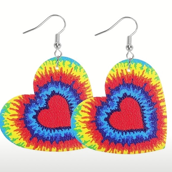 Jewelry - Rainbow Retro Heart Novelty PU Leather Double Sided Drop Earrings